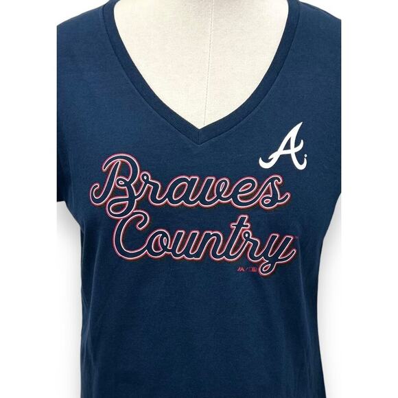 Majestic Athletic Navy Braves Country MLB V Neck T-Shirt Womens L 100% Cotton - Picture 2 of 9
